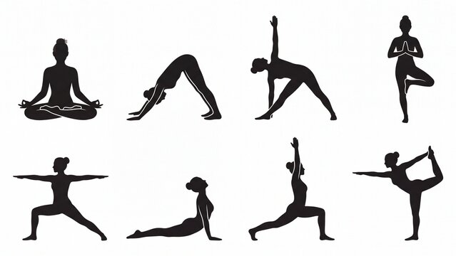 Set of various yoga poses silhouettes black vector illustrations for health wellness and fitness concepts isolated on white background