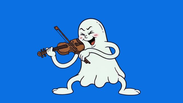 A friendly 1930s rubber hose style cute ghost playing a wooden violin musical instrument, isolated against a bright blue studio background. Suitable for Halloween music commercials, spooky kids animat
