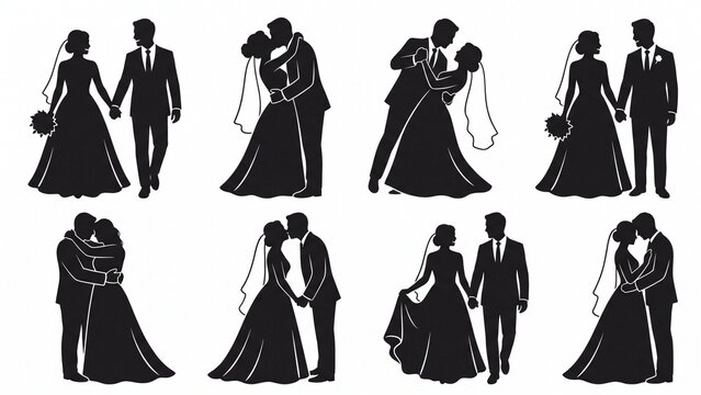 Elegant set of wedding couple silhouettes depicting bride and groom in various romantic poses perfect for marriage event designs