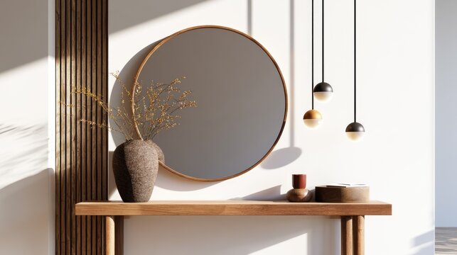 A modern, minimalist living room with a wooden console table, a round mirror, and hanging pendant lights.