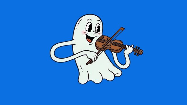 A friendly 1930s rubber hose style cute ghost playing a wooden violin musical instrument, isolated against a bright blue studio background. Suitable for Halloween music commercials, spooky kids animat