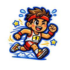 Obraz premium Energetic cartoon boy athlete sprinting in a race uniform with number one, representing speed, endurance, competition, fitness, determination, and sporting success.