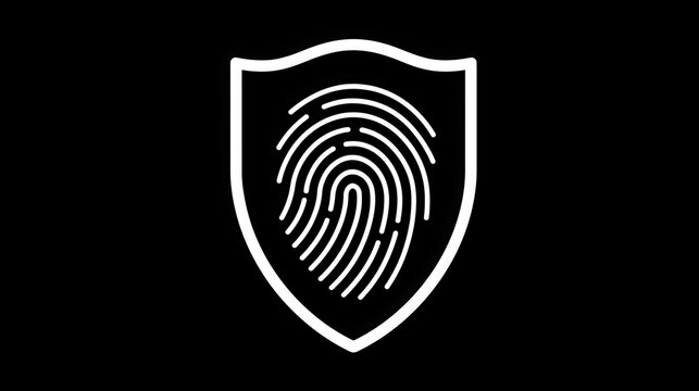 A sleek, futuristic white fingerprint print embedded within a bold black heraldic shield emblem, symbolizing advanced biometric security and digital protection in a minimalist corporate or tech logo