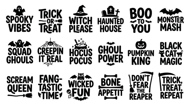 Halloween typography silhouette bundle with spooky quotes trick or treat sayings witch lettering ghoul phrases for autumn party t-shirt design