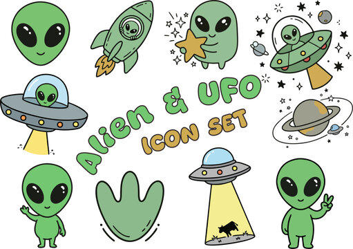Alien and UFO Vector Icon Set Cute Outer Space Doodle Elements