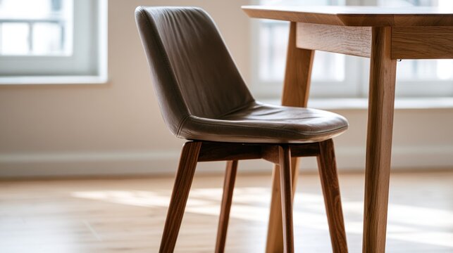 A wooden dining table with a round top and a cushioned chair in a minimalist, modern setting.
