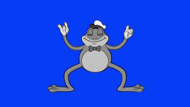A classic 1930s rubber hose style frog mascot wearing a sailor hat and bow tie, jumping in place on a blue screen background. Ideal for retro animation projects, vintage cartoon themes, nostalgia cont