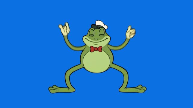 A cute 1930s rubber hose animation style frog wearing a bowtie and sailor hat, dancing joyfully on a solid blue backdrop. Great for kids entertainment clips, retro music videos, vintage cartoony overl