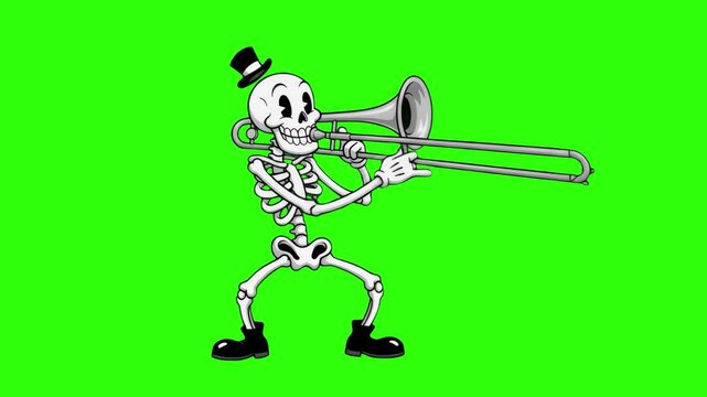A retro-styled skeleton wearing a top hat plays a trombone against a bright green screen background. Perfect for Halloween-themed projects, musical animations, and retro vintage motion graphics using 