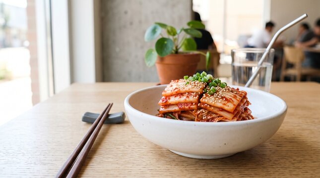 Spicy Kimchi Noodles: A tantalizing bowl of Korean kimchi noodles, topped with fresh scallions and sesame seeds, sits invitingly on a wooden table, ready to be savored.