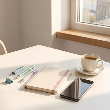 Minimal desk setup with notebook, smartphone, coffee cup, and stationery in soft morning sunlight, peaceful work from home lifestyle with copy space.