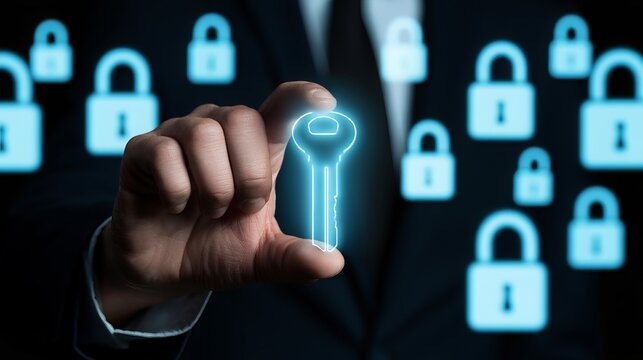 A professional hand in a suit jacket pressing a glowing digital key into a futuristic cybersecurity interface with multiple illuminated padlocks against a sleek
