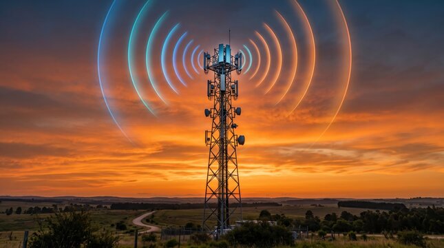 Telecommunication tower emitting 5G signal waves at sunset, wireless network connection, radio frequency transmission, rural landscape, mobile coverage, cellular antenna