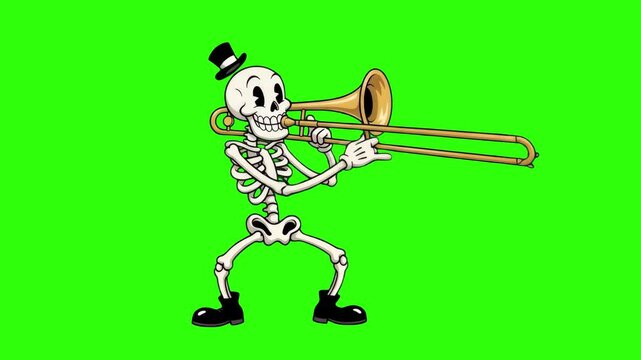 A retro 1930s rubber hose style skeleton character wearing a top hat while playing the trombone, isolated on a green screen background. Excellent for Halloween jazz visualizers, spooky music videos, r