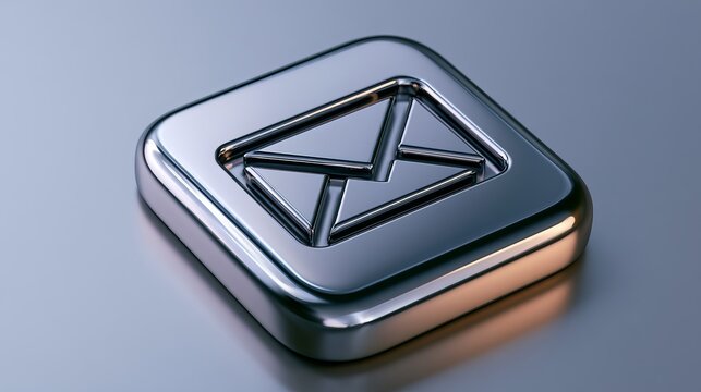 A sleek, futuristic metallic email icon displayed on a glossy, reflective cube with a minimalist triangular envelope design under soft ambient lighting