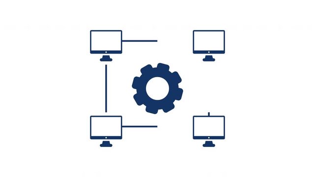 Seamless looping computer network gear icon animation with connected monitors on white background for IT, system, server, and collaboration concepts