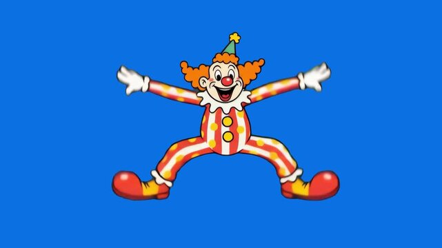 A colorful 1930s style circus clown cartoon character dancing with open arms against a solid blue backdrop. Great for circus promos, children's entertainment, vintage video edits, and playful animatio