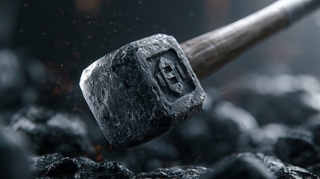 A rugged, high-precision hammerhead chisel embedded in dense, dark volcanic rock under dramatic, moody lighting with a metallic hammer handle gleaming in shadowed terrain