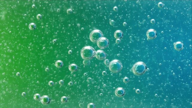Sparkling water bubble texture with ice effect in glass on gradient blue green background creating fresh abstract pattern floating motion depth calm energy movement