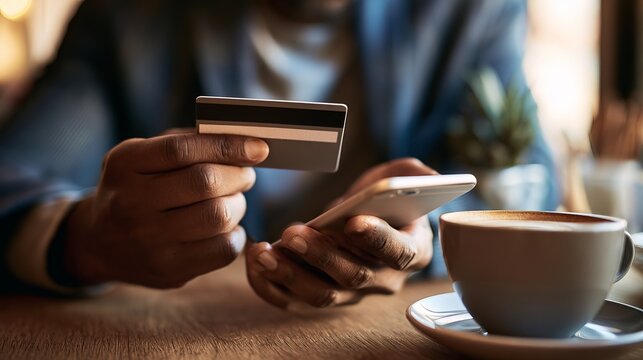 A person using a smartphone to process a credit card payment at a cozy caf&eacute; table with a steaming coffee cup beside them under warm ambient lighting