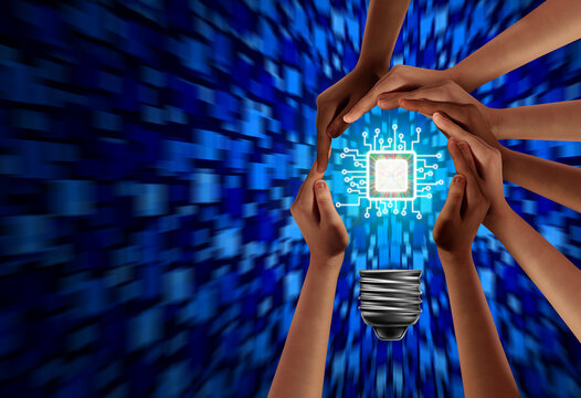 Diverse hands forming a glowing light bulb containing an AI neural network, representing collaboration, technological innovation, collective intelligence, and the connection between human creativity a