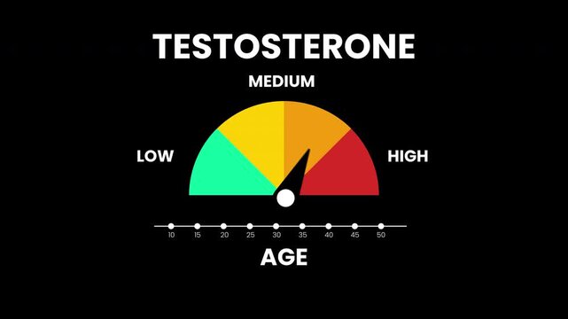 Animation testosterone level for measuring testosterone levels by age range, showing hormonal health status. Suitable for medical presentations or articles.