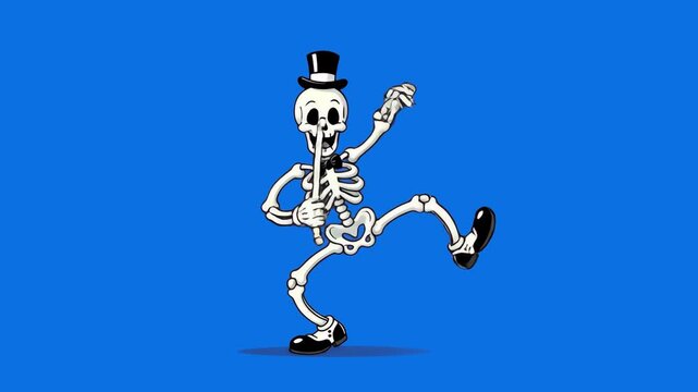 A retro 1930s style skeleton character in a top hat dancing and jumping with a cane, isolated on a blue screen background. Perfect for Halloween promos, spooky retro animations, music videos, and VFX 