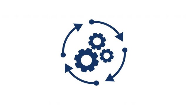 Seamless looping three blue gears with circular arrows icon animation on white background for process, automation, workflow, and management concepts