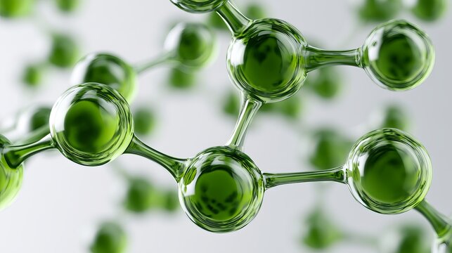 Elegant 3D molecular structure of a vibrant green water molecule with transparent hydrogen and oxygen atoms connected by glowing bonds under dynamic lighting effects