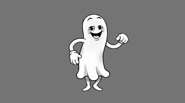A retro 1930s rubber hose style ghost character dancing happily, isolated against a solid neutral grey studio backdrop. Excellent for Halloween promos, retro horror visuals, vintage animation clips, s
