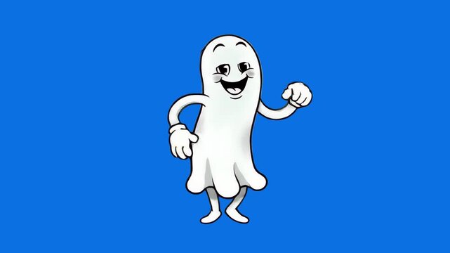 A friendly 1930s rubber hose cartoon ghost mascot dancing happily with arms outstretched against a solid blue studio background. Excellent for Halloween promos, spooky party invitations, autumn sales,