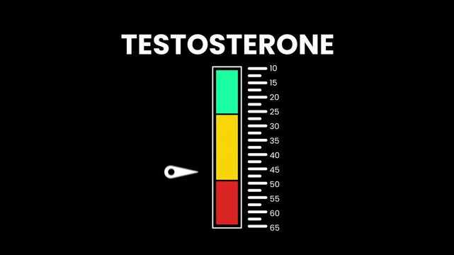 Animation testosterone level gauge with color segments for numeric measurement on black background. Suitable for health blogs, medical presentations, hormone research.