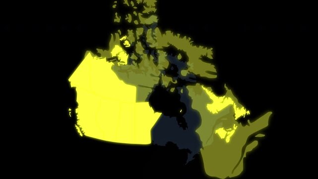 Animated map of Canada with highlighted provincial and territorial borders, ideal for geography, travel, news, education, business, and infographic projects.