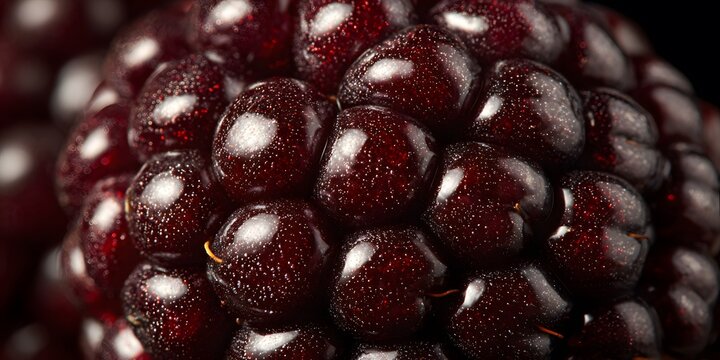 Closeup of glistening blackberry drupelets showing deep purple texture and natural detail.