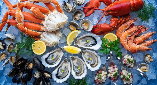 Fresh assorted seafood platter with lobster, crab, and oysters on ice