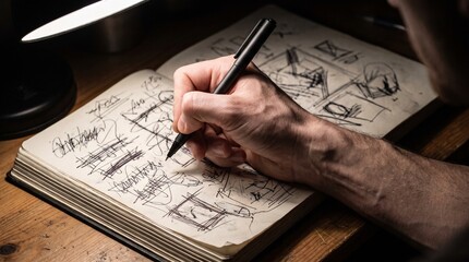 Close up of a creative designer sketching ideas and wireframes in a notebook at night workspace © Yafiz