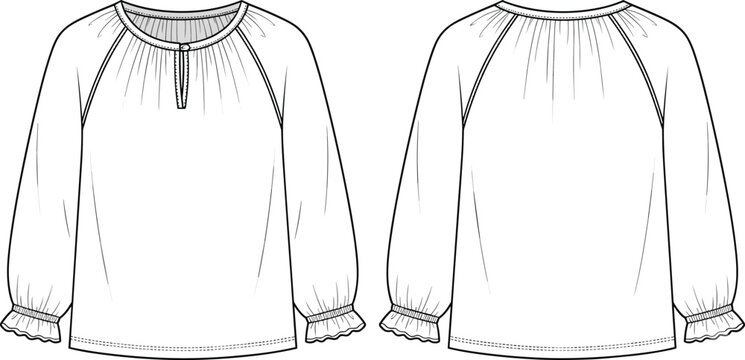 Flat sketch technical drawing of front and back long sleeve peasant blouse apparel template vector illustration
