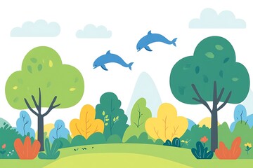 Fototapeta premium Whimsical forest with leaping dolphins