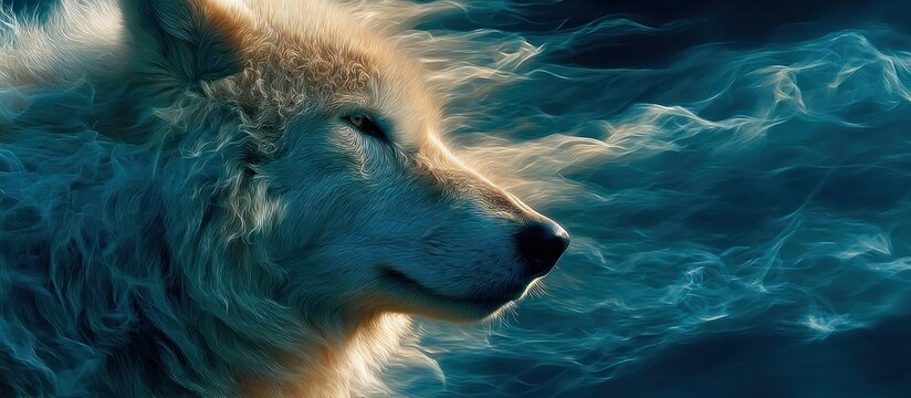 Wolf swimming in dark water.