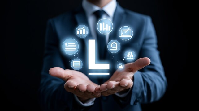 Professional businessman holding glowing holographic business analytics and digital transformation icons with a sleek corporate suit and modern digital interface glow