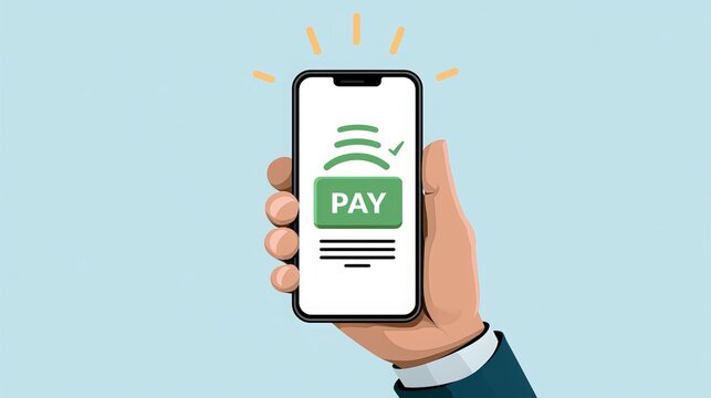 A sleek smartphone displaying a green payment icon with a glowing 'PAY' button held by a professional hand in a modern business setting with soft digital light effects