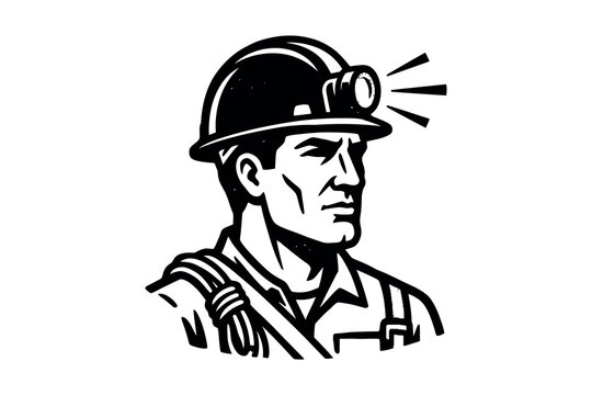 Retro vintage miner or worker wearing a hard hat with headlamp vector line art illustration in black and white silhouette portrait style.