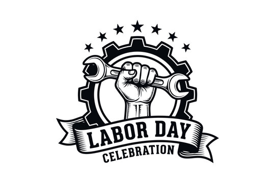 Vintage Labor Day celebration emblem featuring a raised fist gripping a wrench, gear cog, stars, and scroll ribbon banner in woodcut style vector illustration.