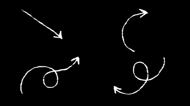 Animation set of   Hand drawn Arrows with 4 variant and white color, black background and  alpha channel only 4k