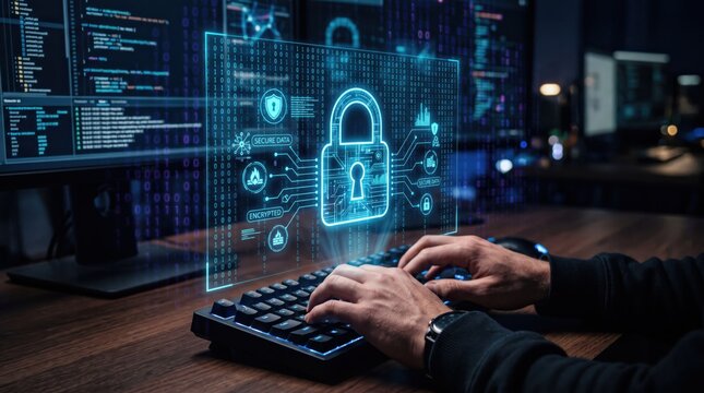 Secure data encryption interface on computer monitor, futuristic HUD display with padlock icon, cybersecurity dashboard, encrypted file protection, network security monitoring