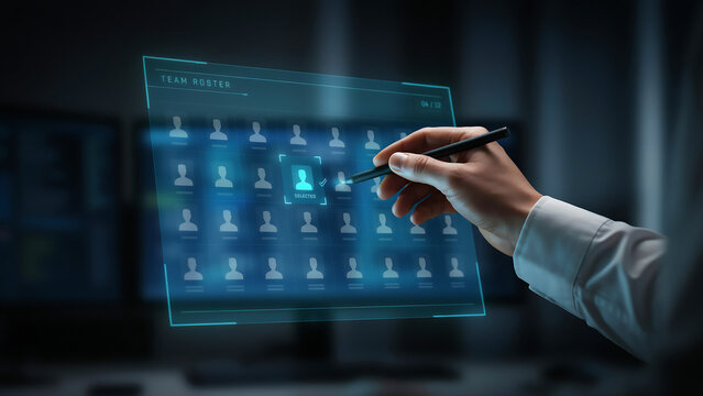 Businessman hand touching screen to select a person from a team roster or group of people.