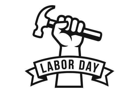Raised hand holding a hammer with Labor Day ribbon banner vector illustration in black and white silhouette style for American holiday design.