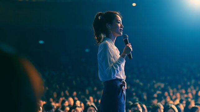 A passionate female performer stands center stage under dramatic stage lighting, surrounded by an electrified crowd during a high-energy live concert performance with glowing spotlight beams