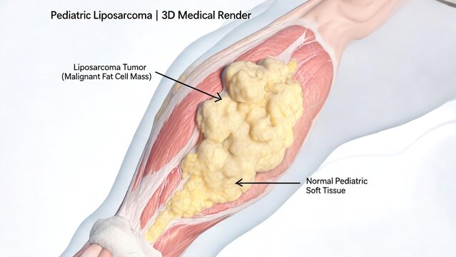 3D medical render of Pediatric Liposarcoma in leg muscle, labeled anatomical image showing malignant fat cell tumor and normal pediatric soft tissue