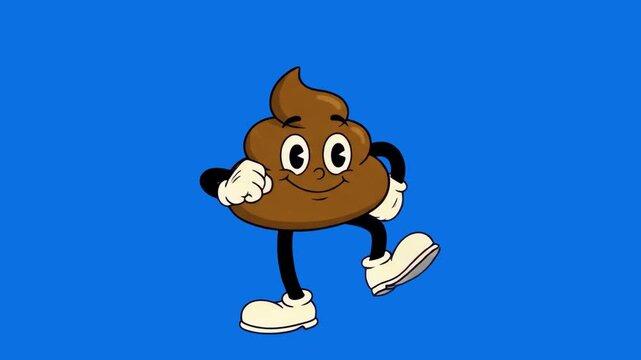 A funny 3D cartoon poop character in 1930s vintage rubber hose animation style dancing in place, isolated on a chroma key blue screen background. Great for retro cartoons, funny commercial ads, meme a